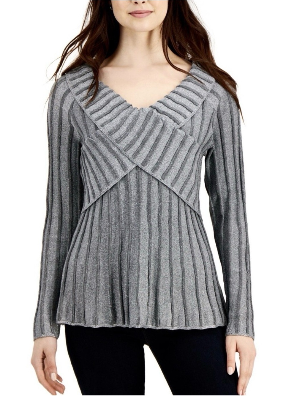 Fever Women’s Metallic Ribbed Criss Cross Top Size XL Long Sleeve Neck V